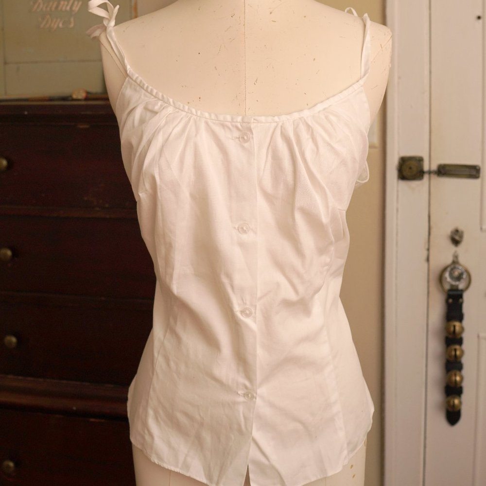 50s / 1950s Mid Century White Tie Shoulder Blouse Large
